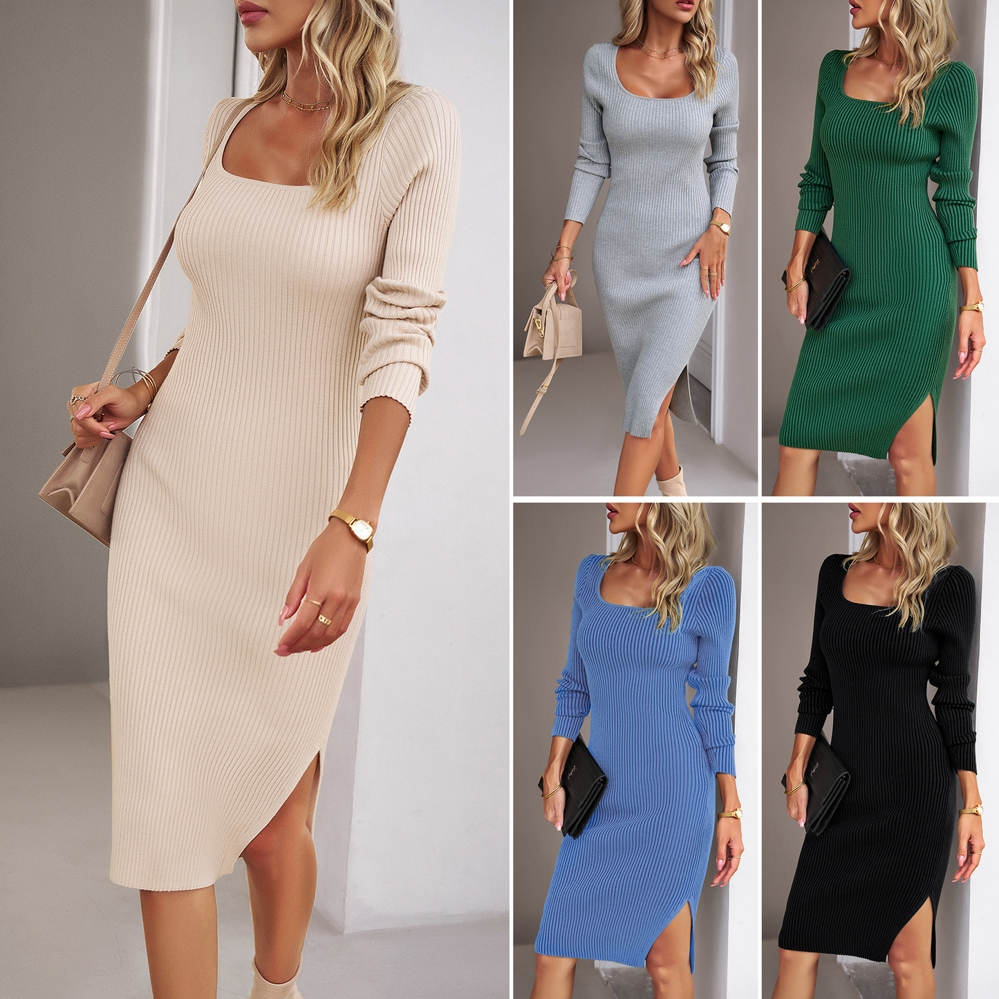 Elegant Ribbed Midi Dress with Side Slit